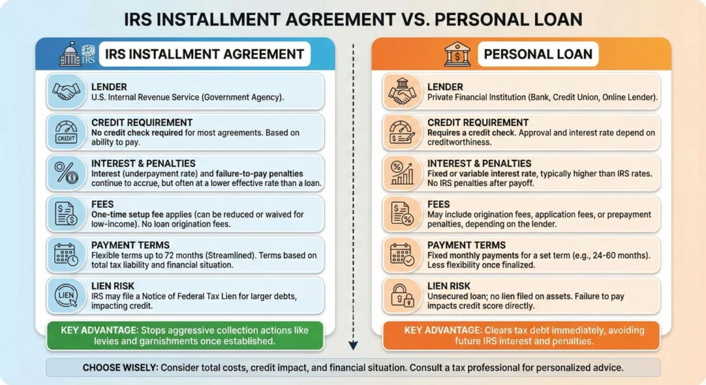 IRS Installment Agreement vs. Personal Loan The Ultimate Guide to Choosing the Cheapest Way to Pay Tax Debt infographic