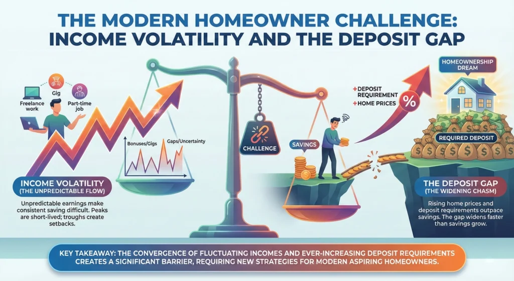 The Modern Homeowner Challenge Income Volatility and the Deposit Gap-infographic